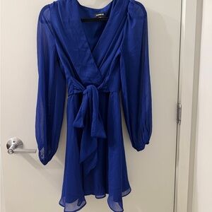 Express Cobalt Blue Long Sleeve Wrap Tie Dress